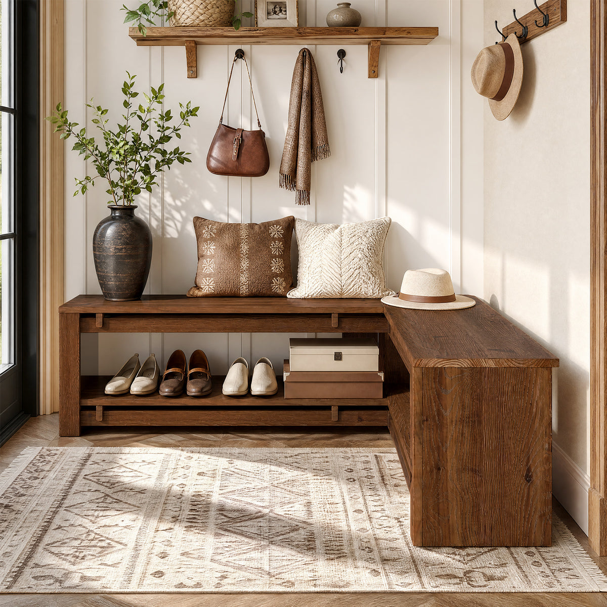 120cm L-Shaped Corner Bench, Rustic Solid Wood Shoe Storage for Entryway