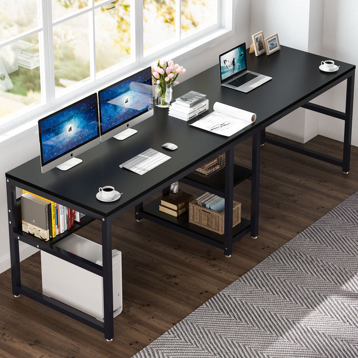 200cm Computer Desk, Rustic Double Desk with Shelves for 2 People Home Office