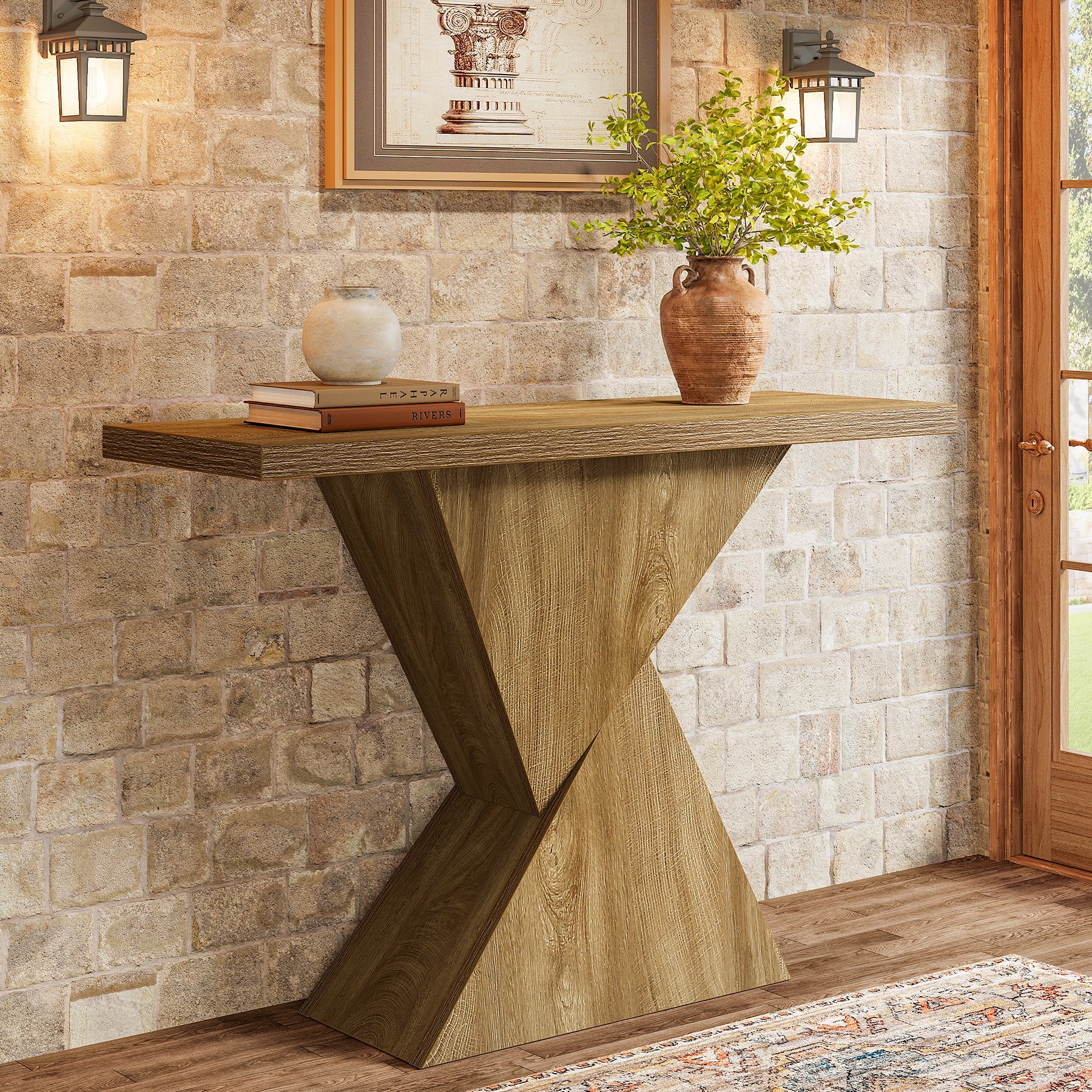 41.5" Narrow Farmhouse Console Table with Geometric Base, Entryway Sofa Table for Hallway, Foyer, or Behind Couch
