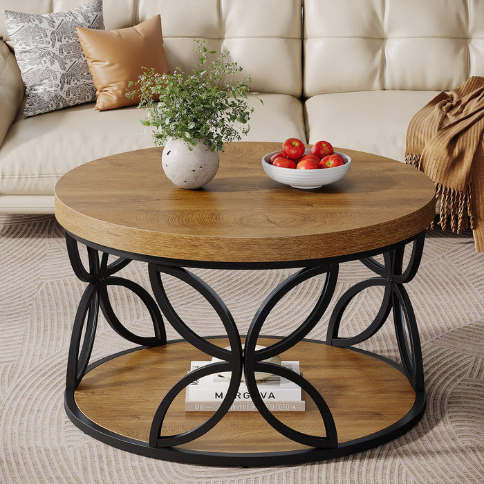 80cm Round Coffee Table, 2-Tier Rustic Storage with Metal Frame