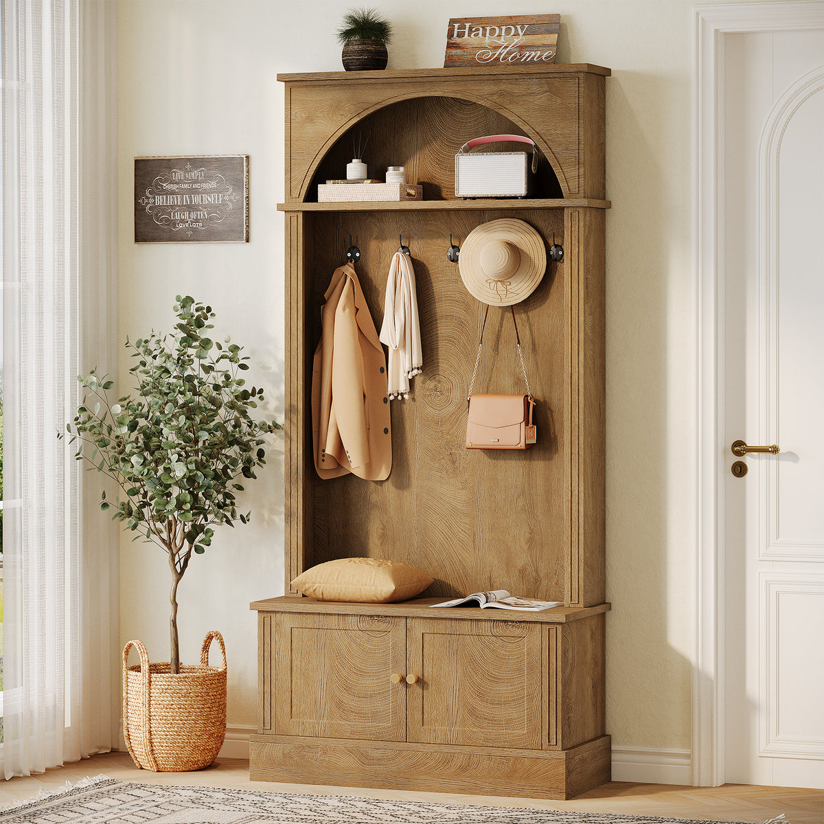 180cm Hall Tree, 4-in-1 Entryway Coat Rack with Shoe Bench & Storage Cabinet
