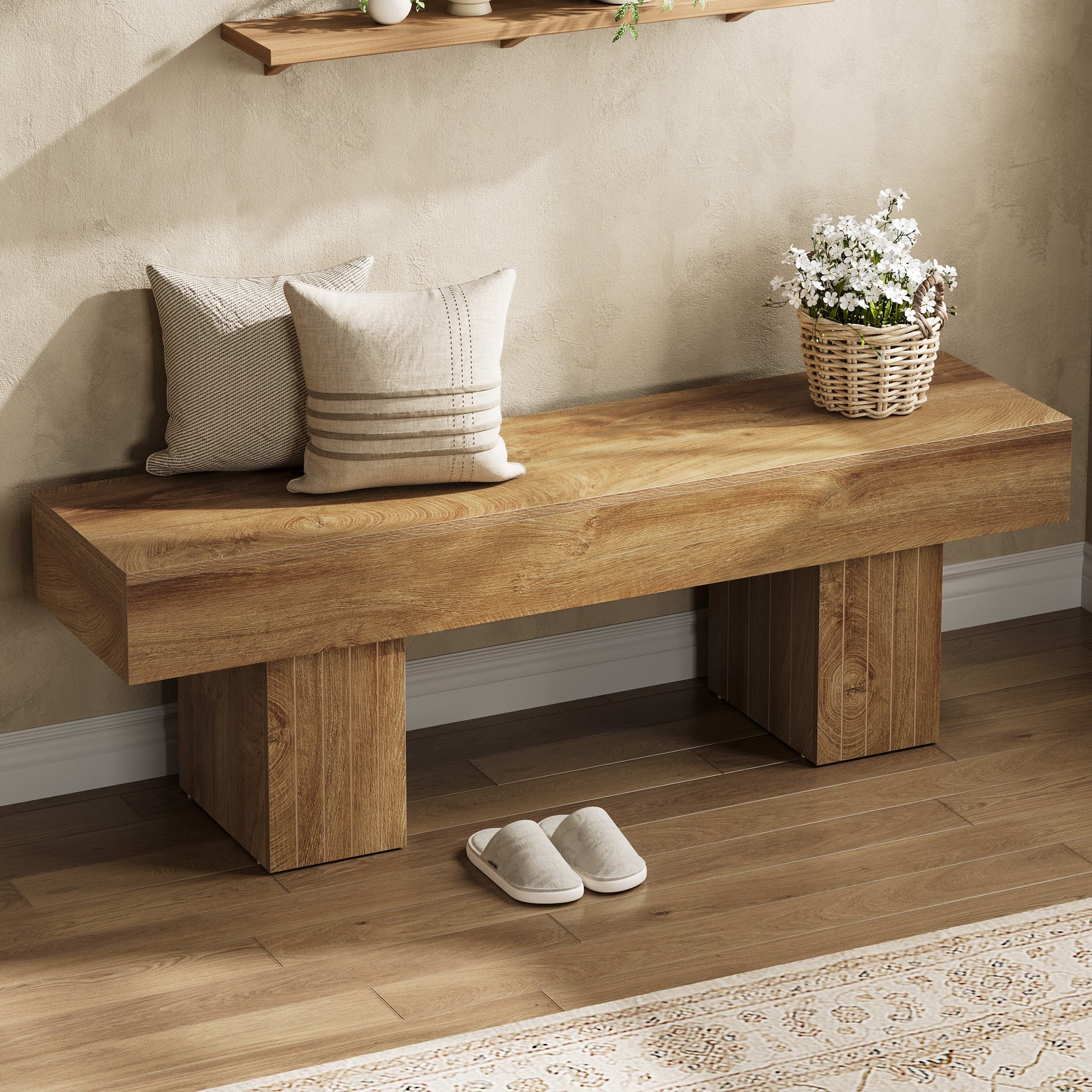 55" Wooden Entryway Bench with Broad Legs, Farmhouse Indoor Bench with 330 lb Capacity