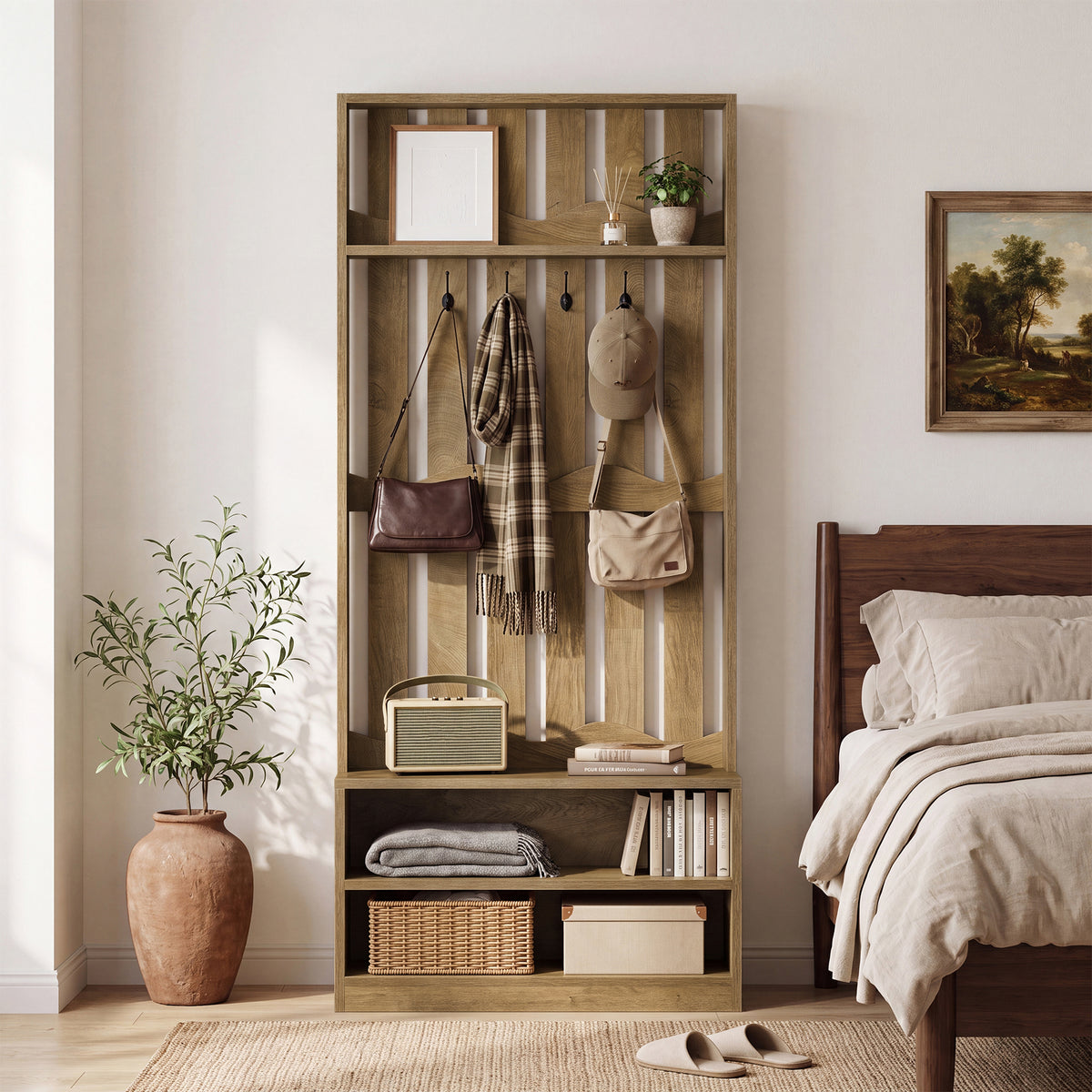 182cm Hall Tree, Farmhouse Entryway Storage with Bench & 4 Coat Hooks
