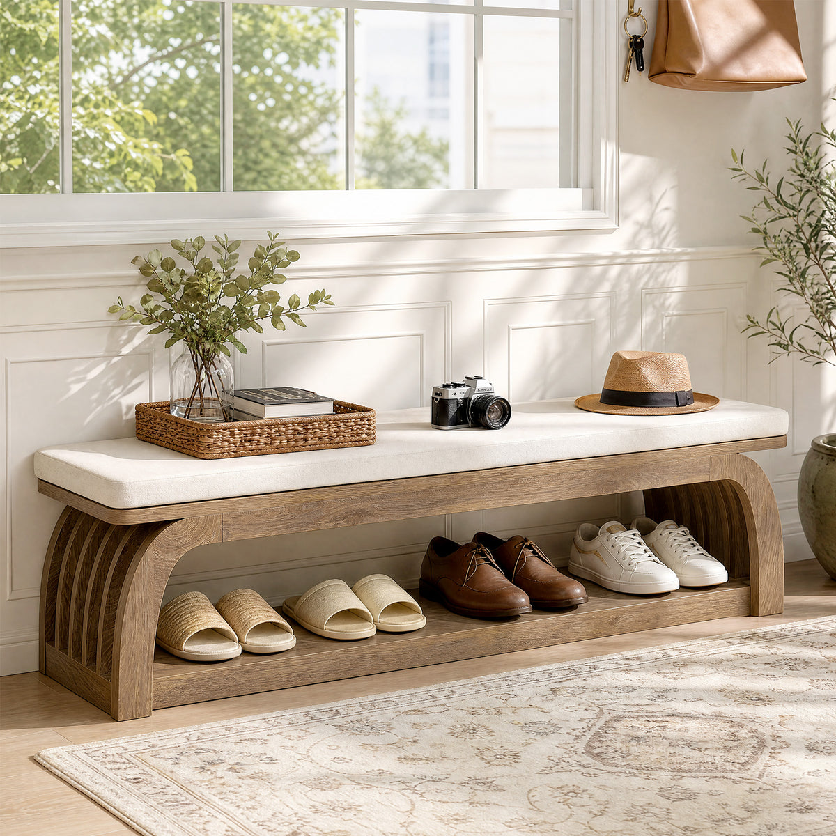 140cm Entryway Bench, Upholstered 2-Tier Shoe Storage with Hollow Legs for Hallway