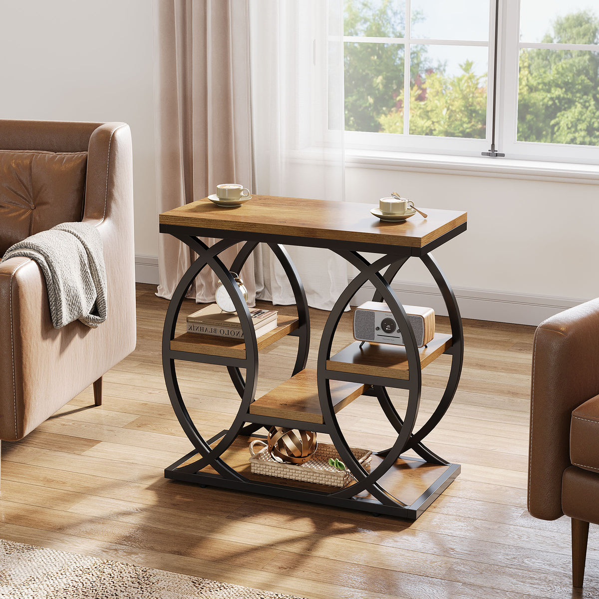 23.6" Rustic 4-Shelf End Table - Narrow Storage Side Table for Bedroom & Living Room