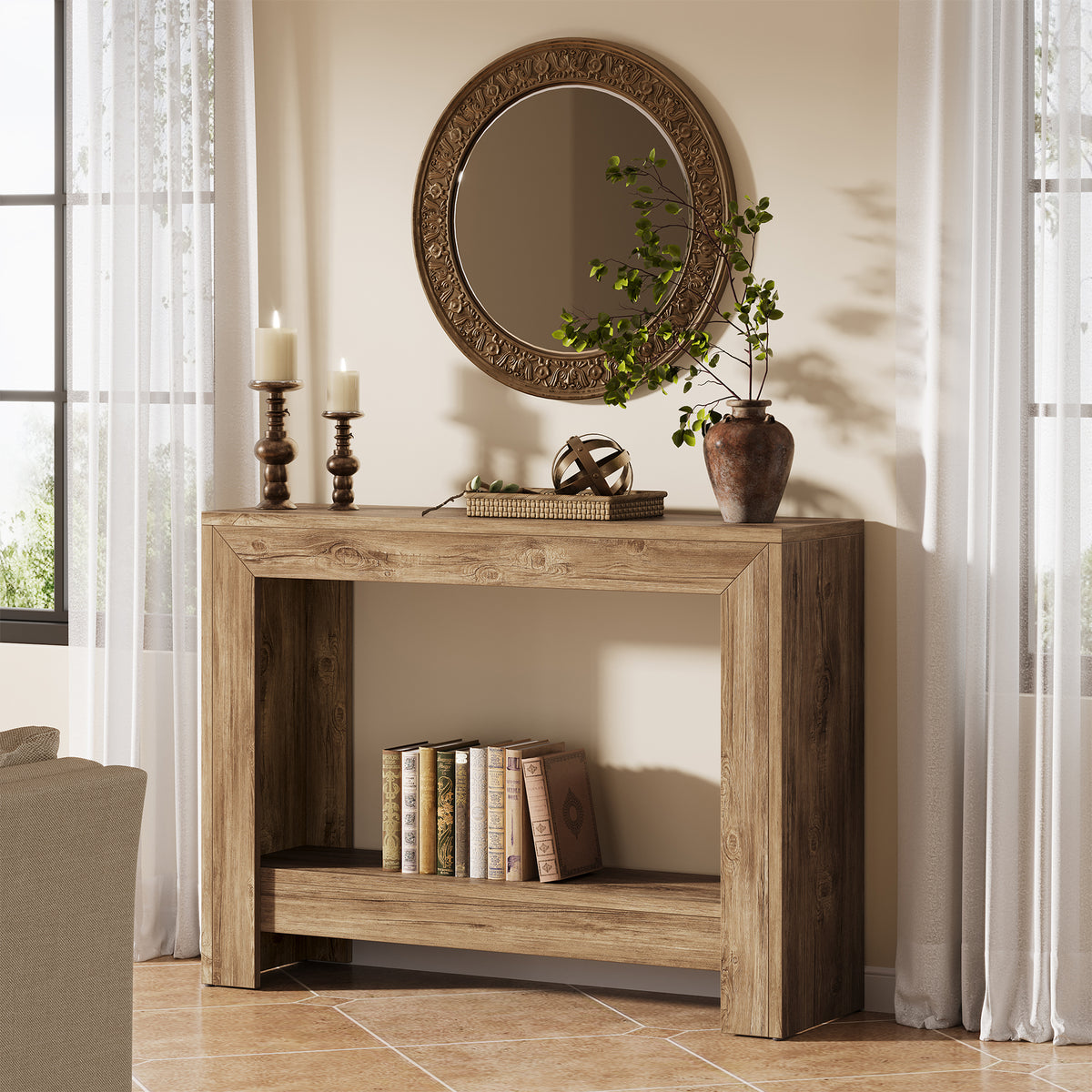 105cm Console Table, Rustic Narrow Hallway Table with Open Storage
