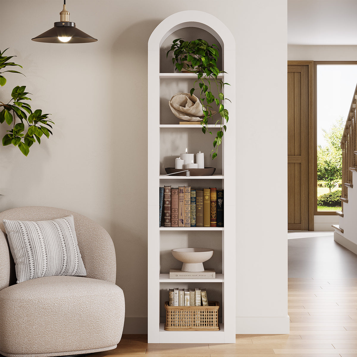 190cm Arched Bookshelf, 6-Tier Narrow White Storage Rack