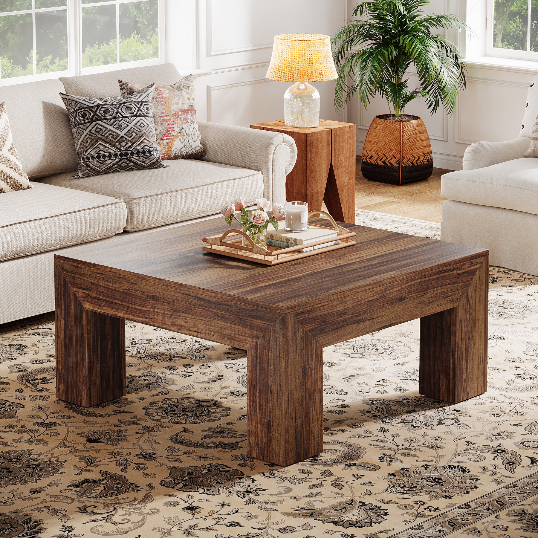 39" Square Farmhouse Coffee Table, Tea Table with Sturdy Wood Legs