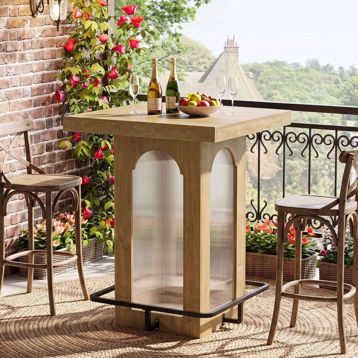 100cm Bar Table, Square High Top with RGB Light & Metal Footrest for Kitchen Home Bar