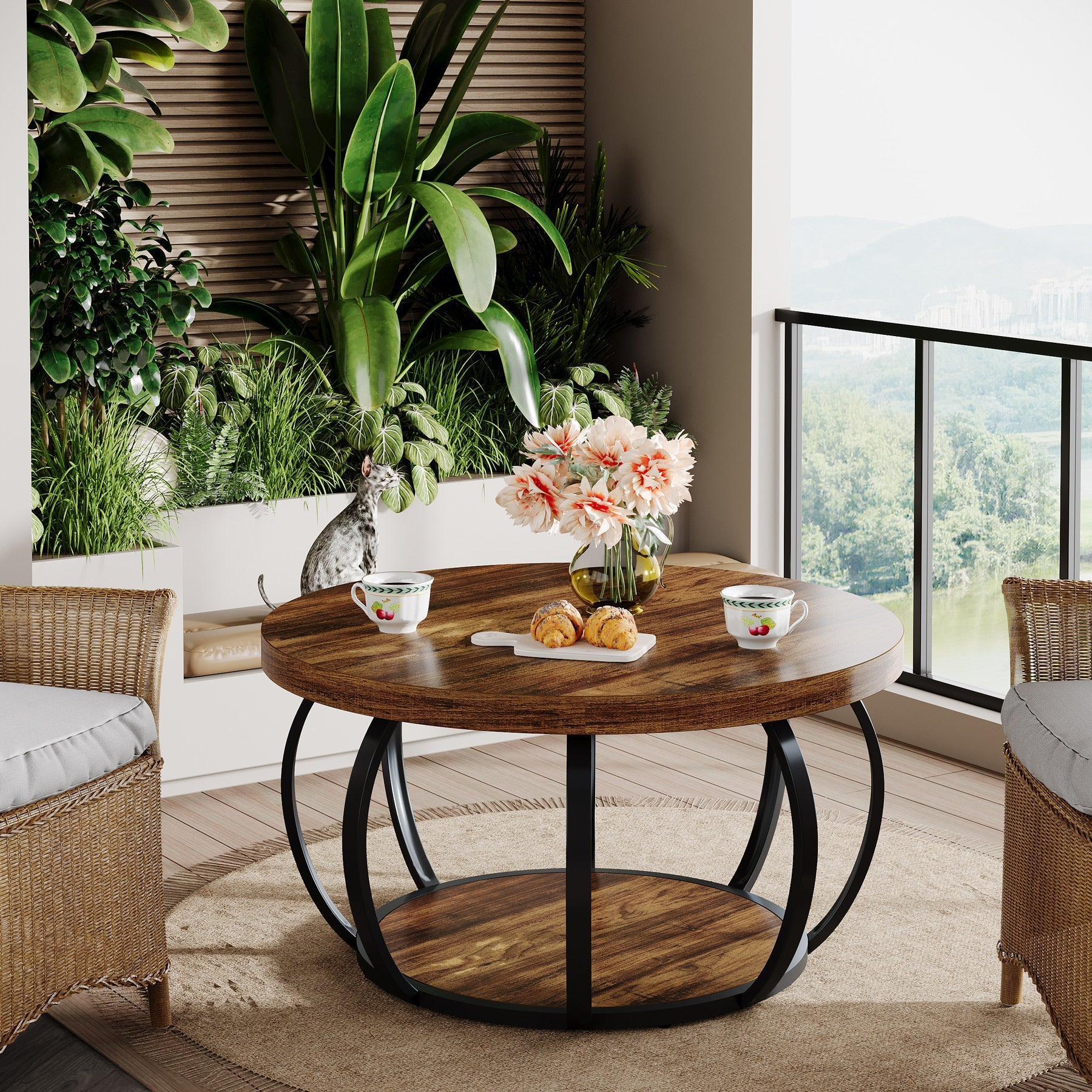 31.5" Round Coffee Table, 2-Tier Farmhouse Center Table with Wood & Black Metal for Living Room