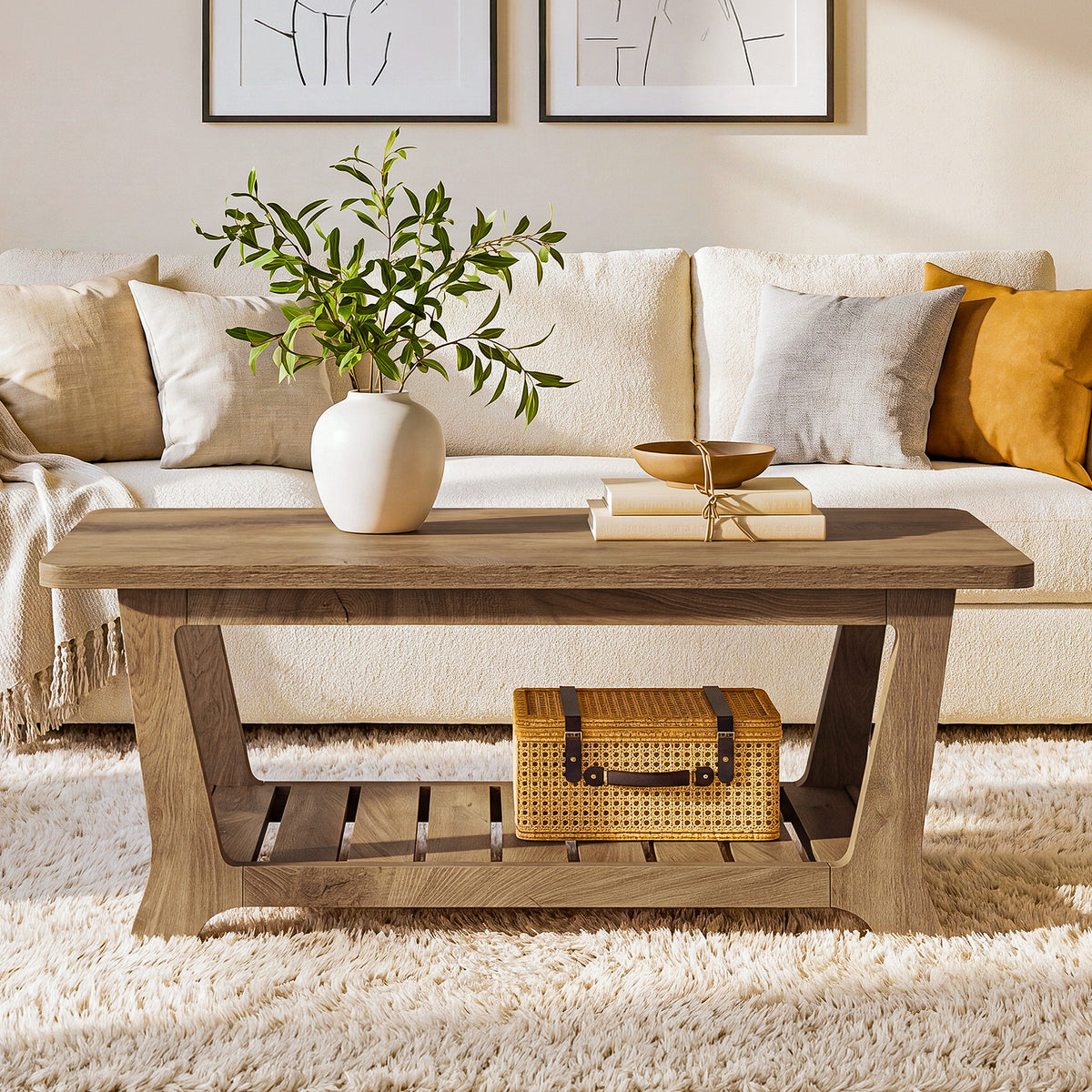 120cm Rectangle Coffee Table, Farmhouse Centre Table with Shelves for Living Room