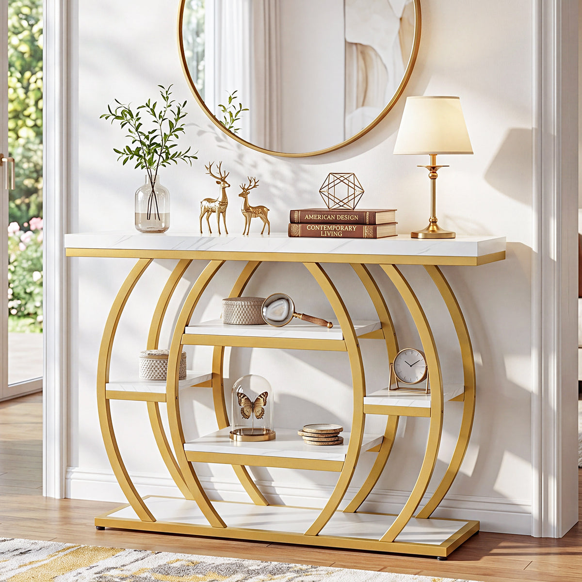 105cm Console Table, Narrow 5-Tier Entryway Table with Faux Marble Top & Arched Metal Frame