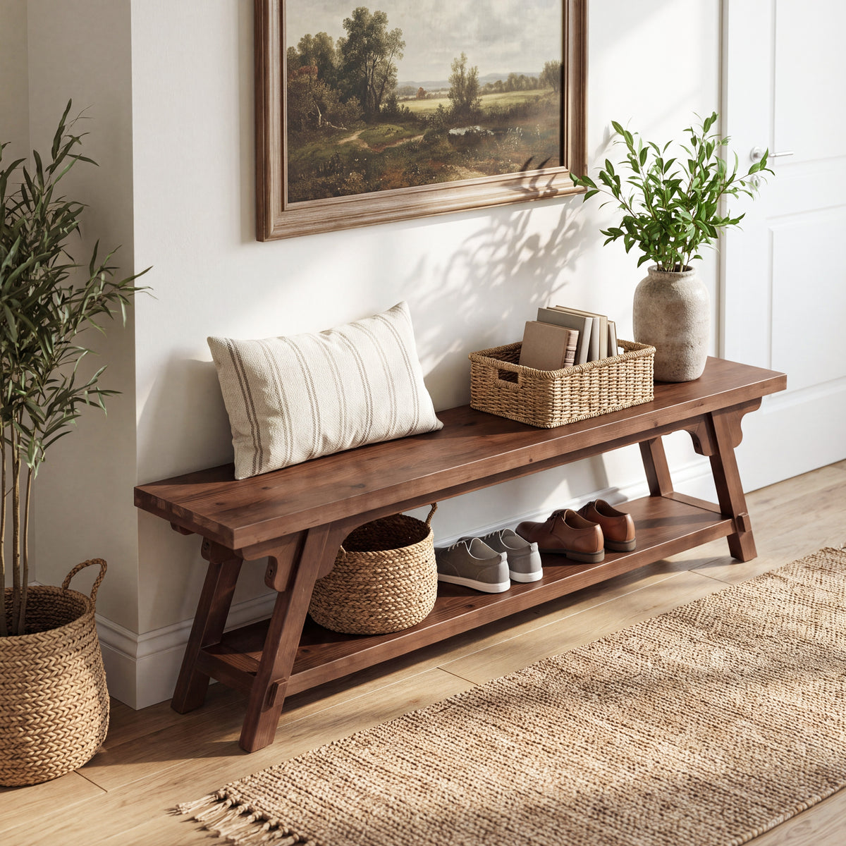 160cm Entryway Bench, Solid Wood 2-Tier End of Bed Bench