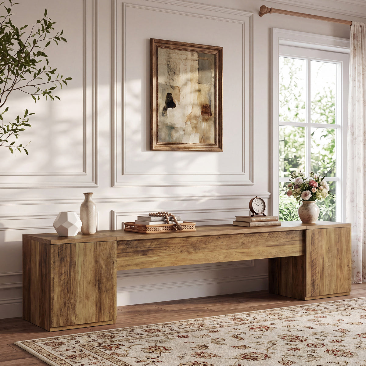 221cm TV Stand, Extra Long Entertainment Centre with 2 Storage Cabinets for up to 95" TVs