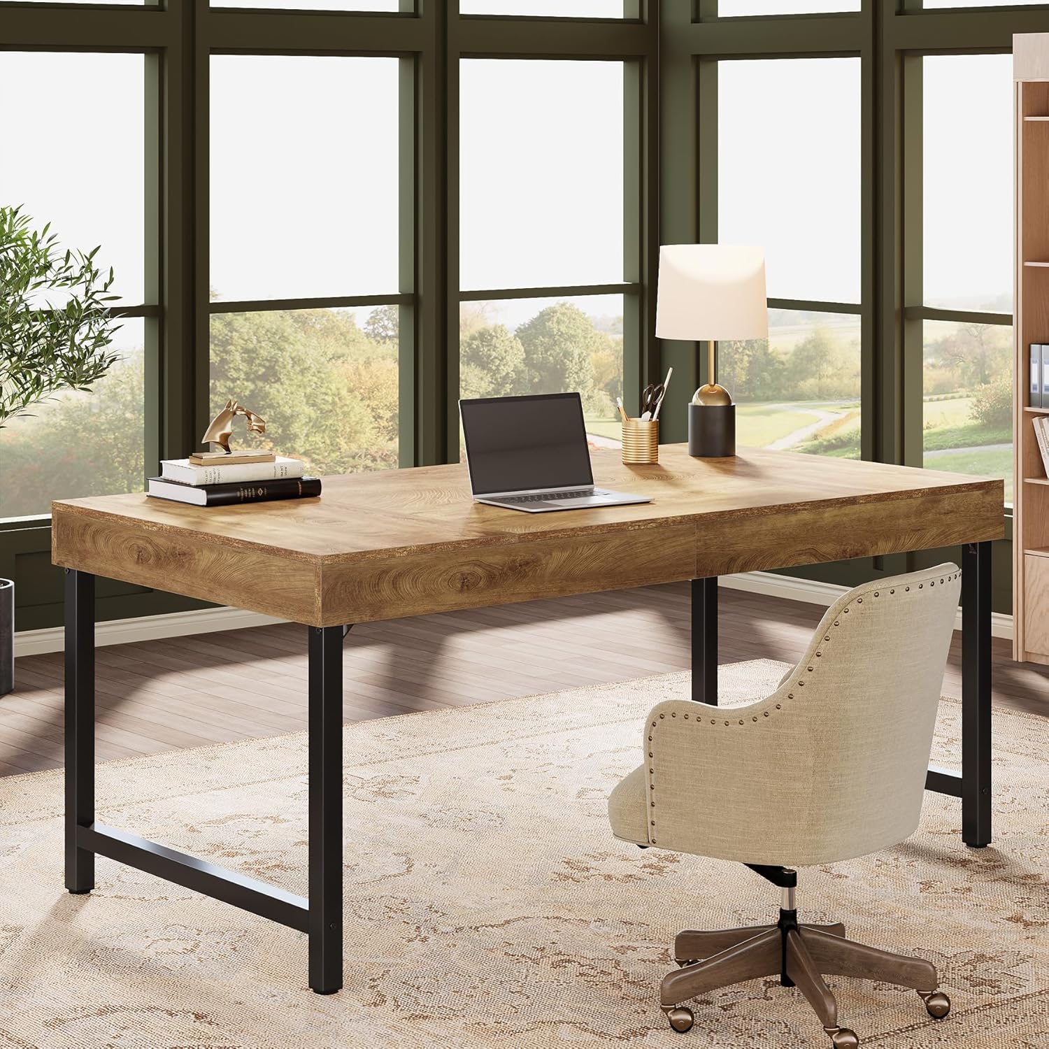 55" Industrial Executive Desk, Rustic Office Desk with Metal Legs, Study & Conference Workstation