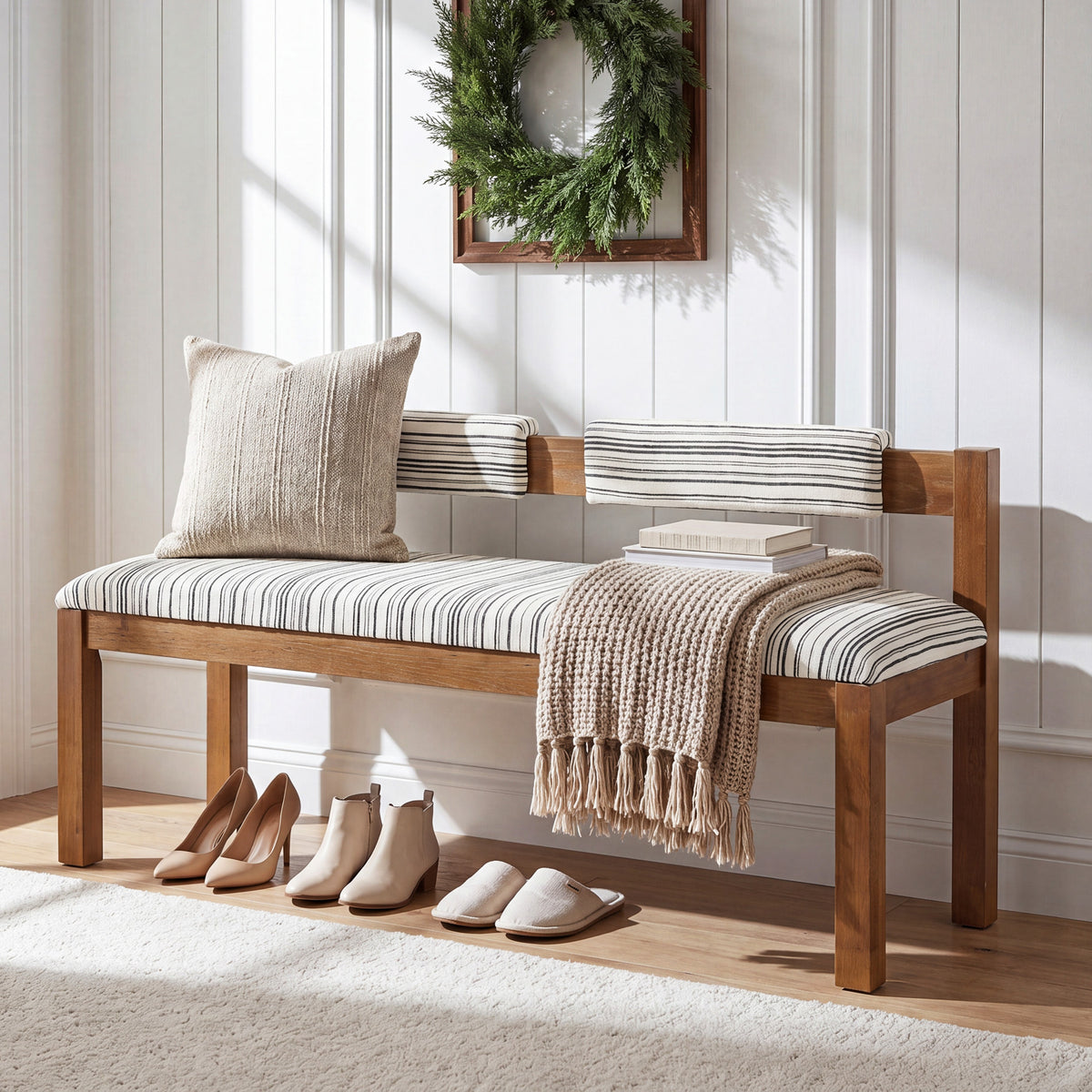 140cm Dining/shoe Bench, Upholstered Solid Wood with Chenille Seat & Backrest for 2-3 People