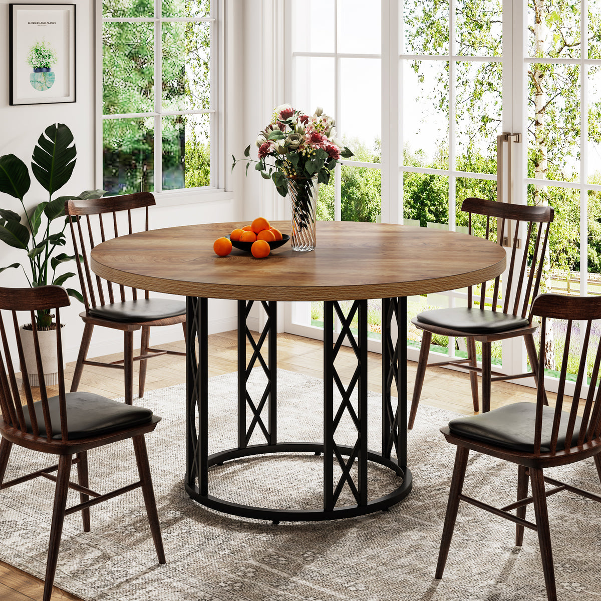 120cm Round Dining Table, 4-Seater Wood & Metal Kitchen Table
