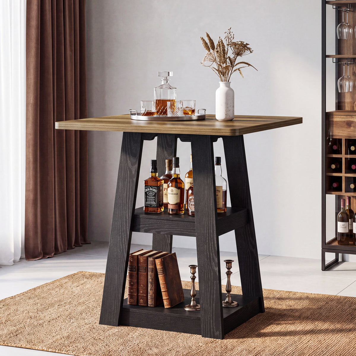 90cm Square Bar Table, Farmhouse Pub Table with 2-Tier Storage Shelves for Kitchen Dining Room