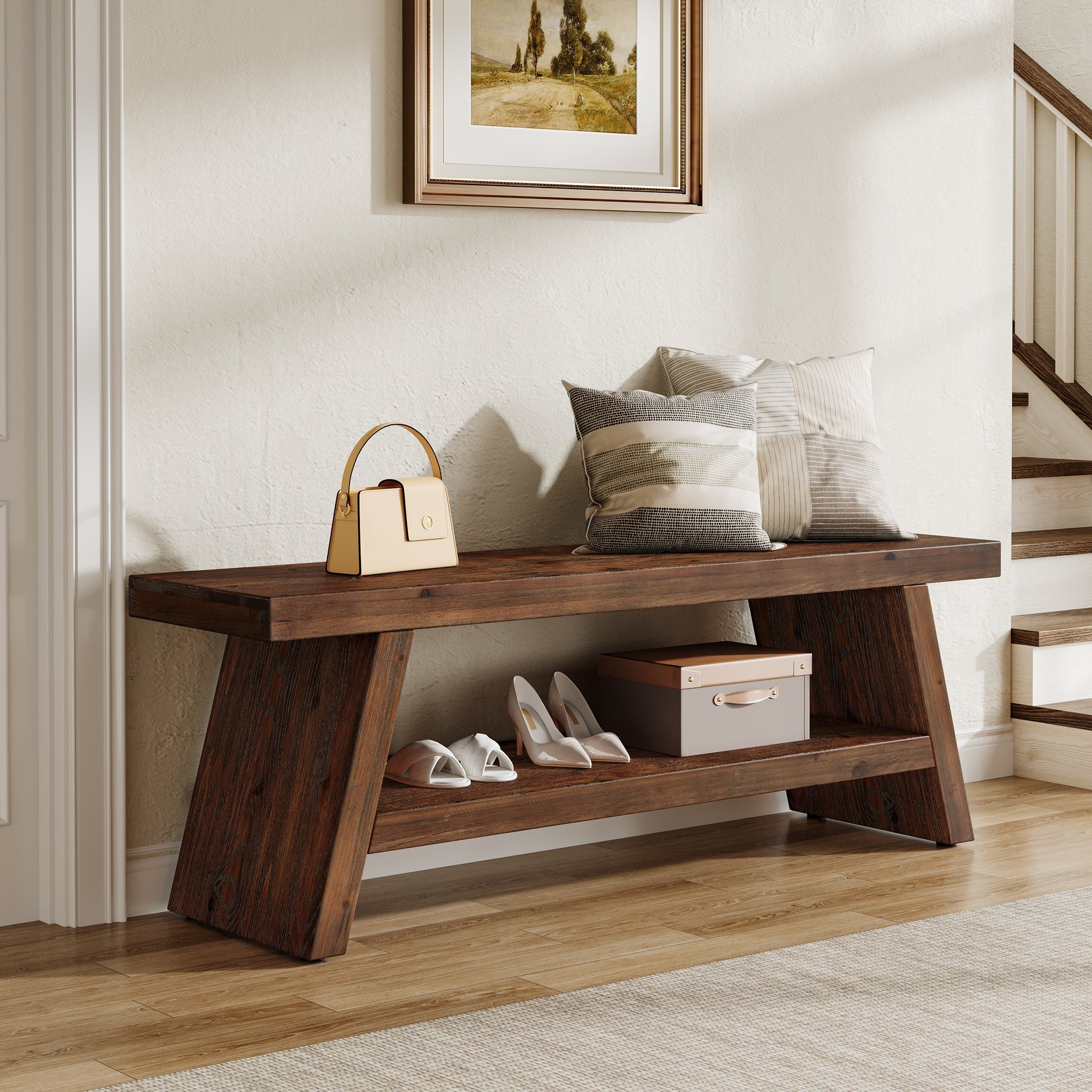 120cm 2-Tier Solid Wood Entryway Bench with Open Storage, Wooden Shoe Bench for Hallway & Foyer