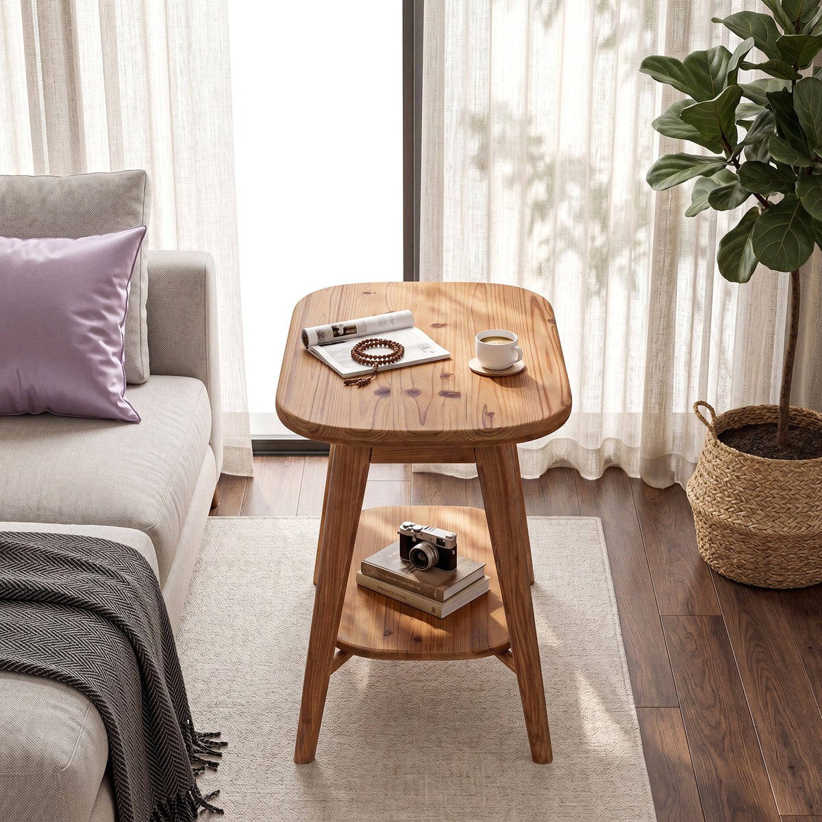 50cm End Table, Farmhouse 2-Tier Solid Wood Side Table with Rounded Corners
