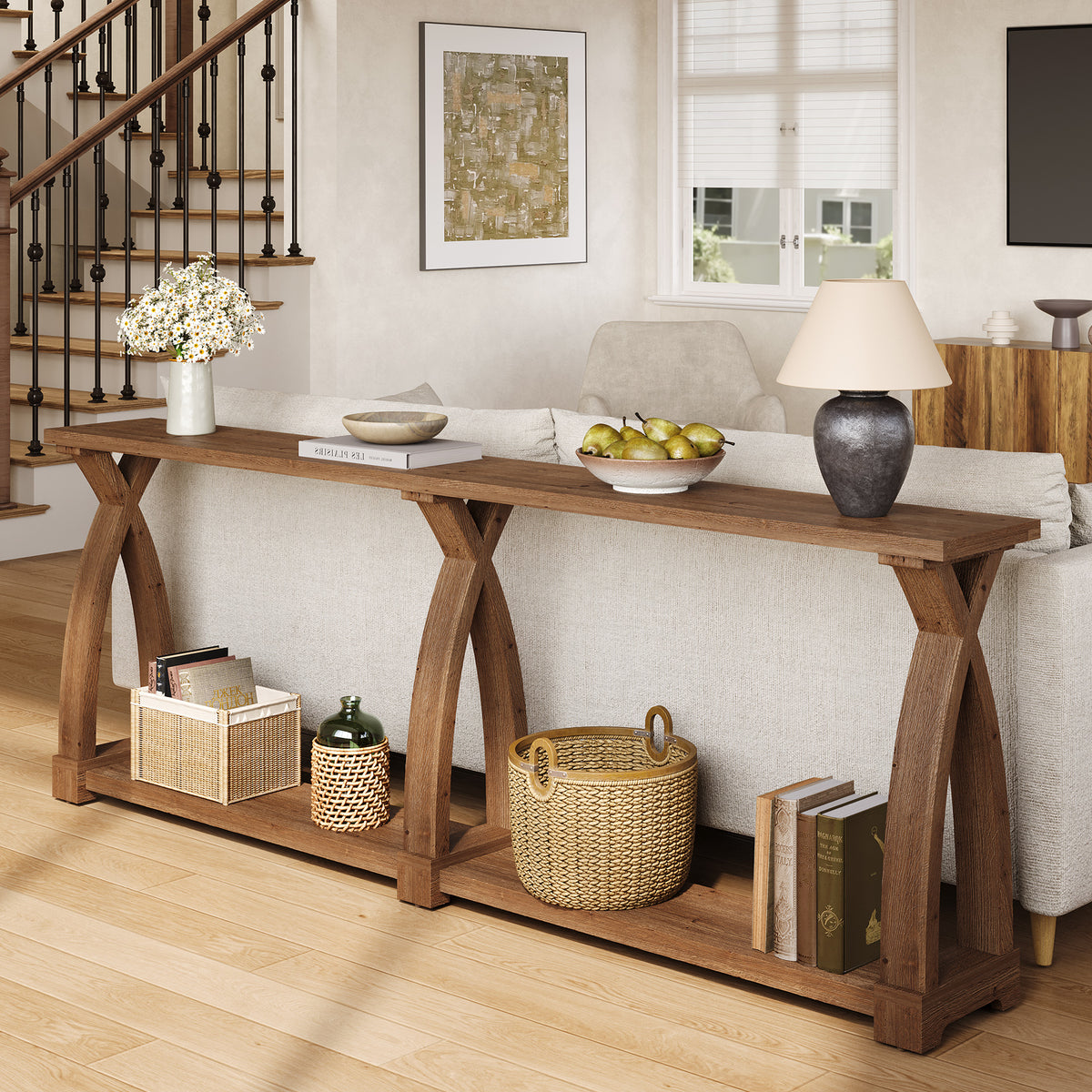 200cm Console Table, Solid Wood 2-Tier Narrow Hallway Table