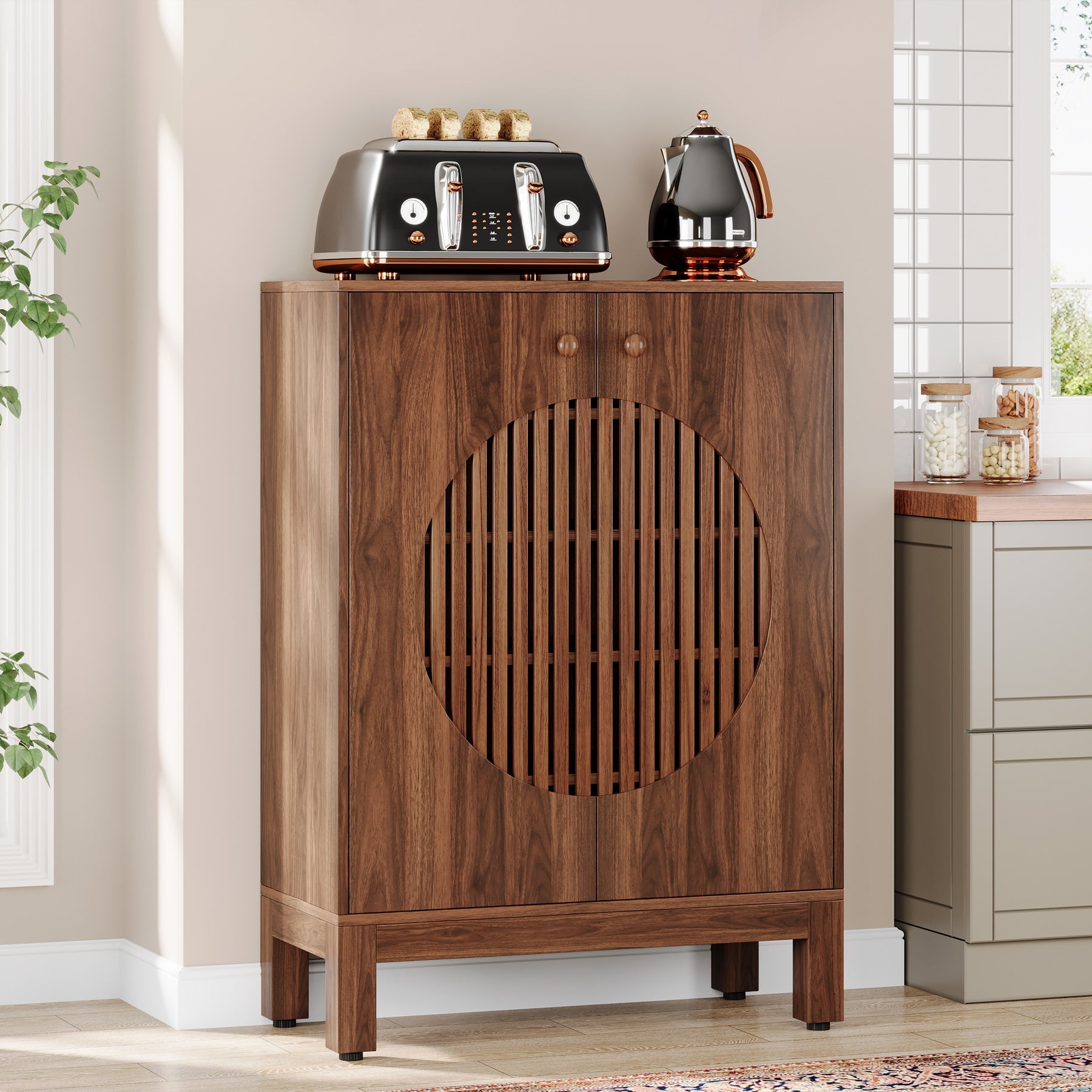 Tribesigns 28.74" Farmhouse Sideboard Cabinet, Wooden Buffet Cabinet with Round Louvered Doors for Kitchen