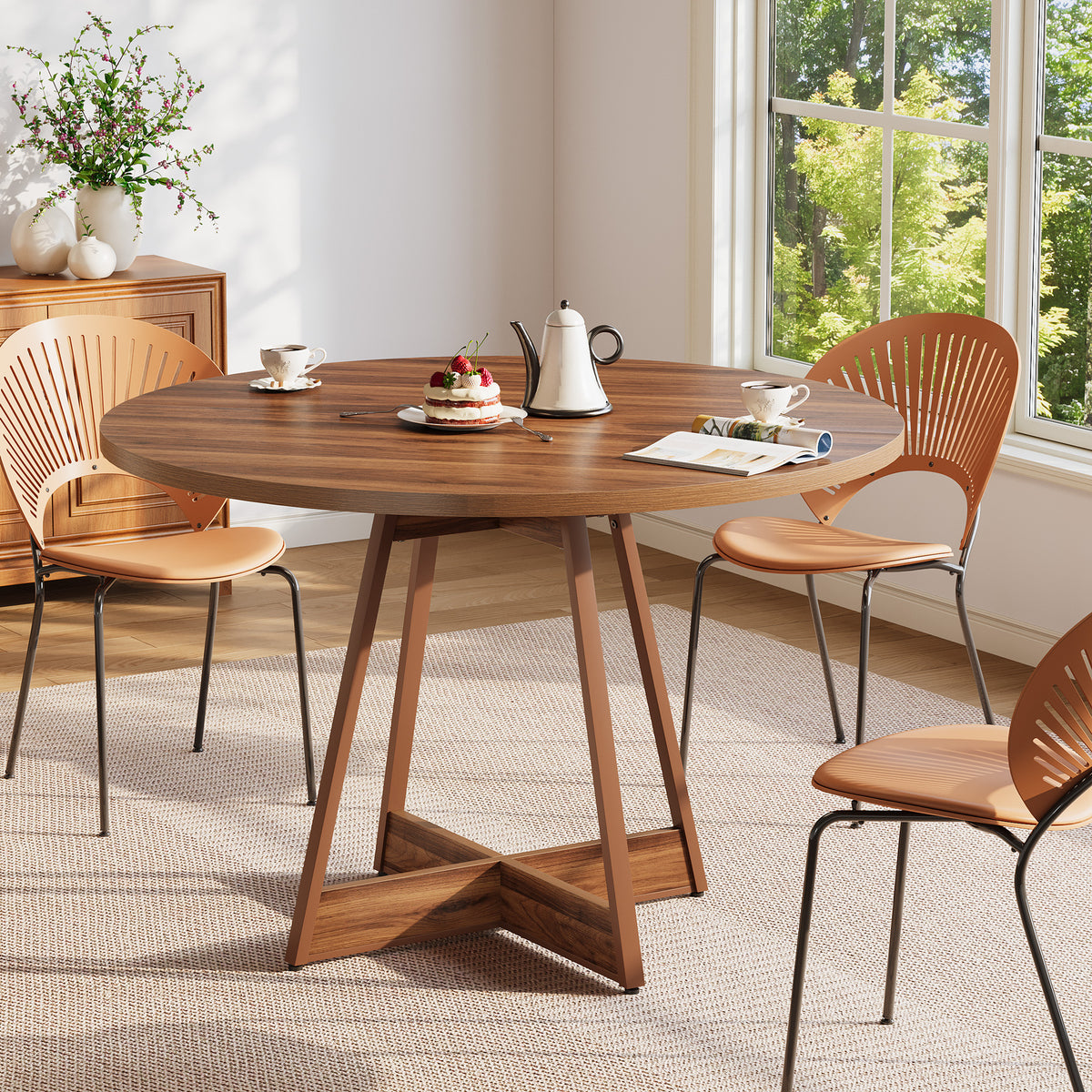 100cm Round Dining Table, Country Style Wooden Table for 2-4 People