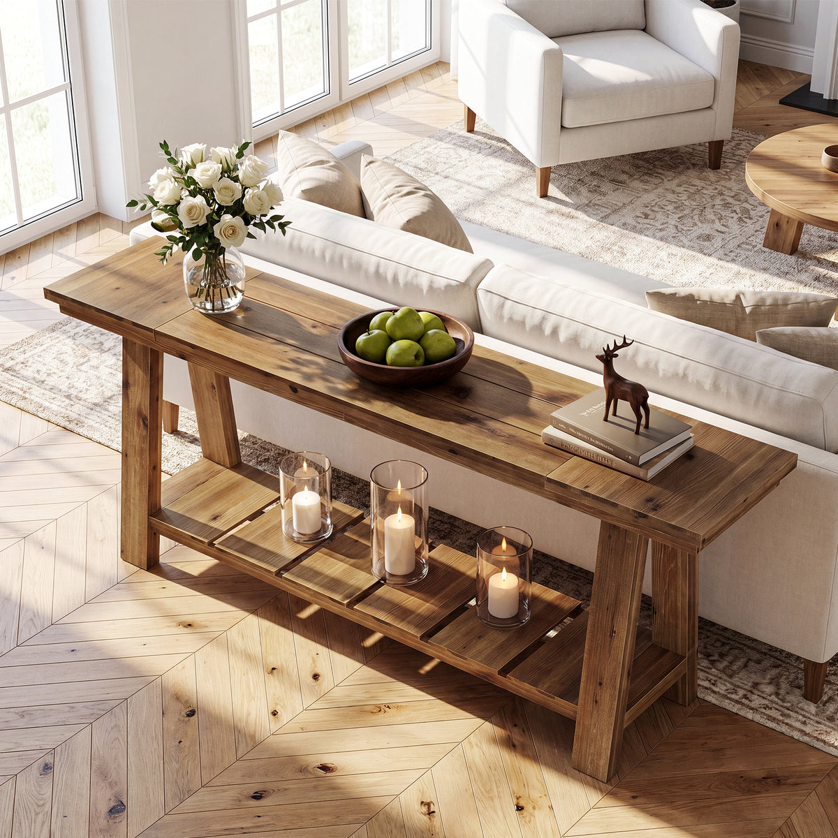 200cm Console Table, Long Farmhouse Entryway Table with 2-Tier Storage Shelf