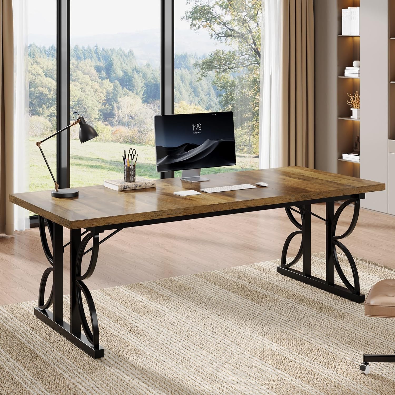 70.8" Industrial Computer Desk, Rustic Brown & Black Metal Frame Workstation