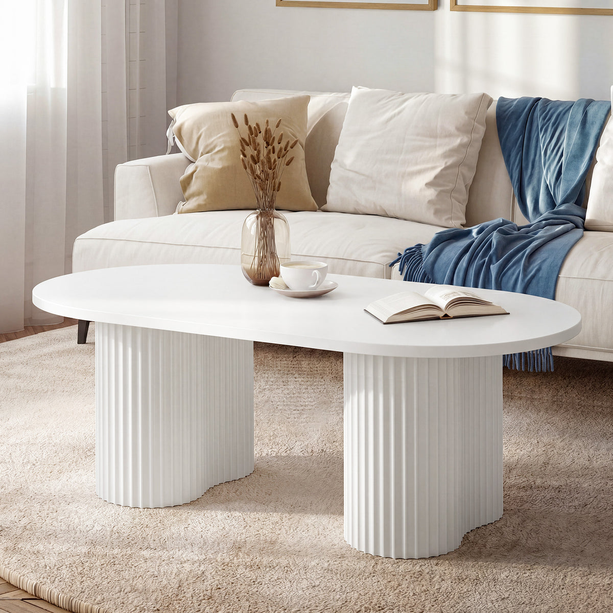 120cm Oval Coffee Table, Modern White Fluted Centre Table for Living Room & Office