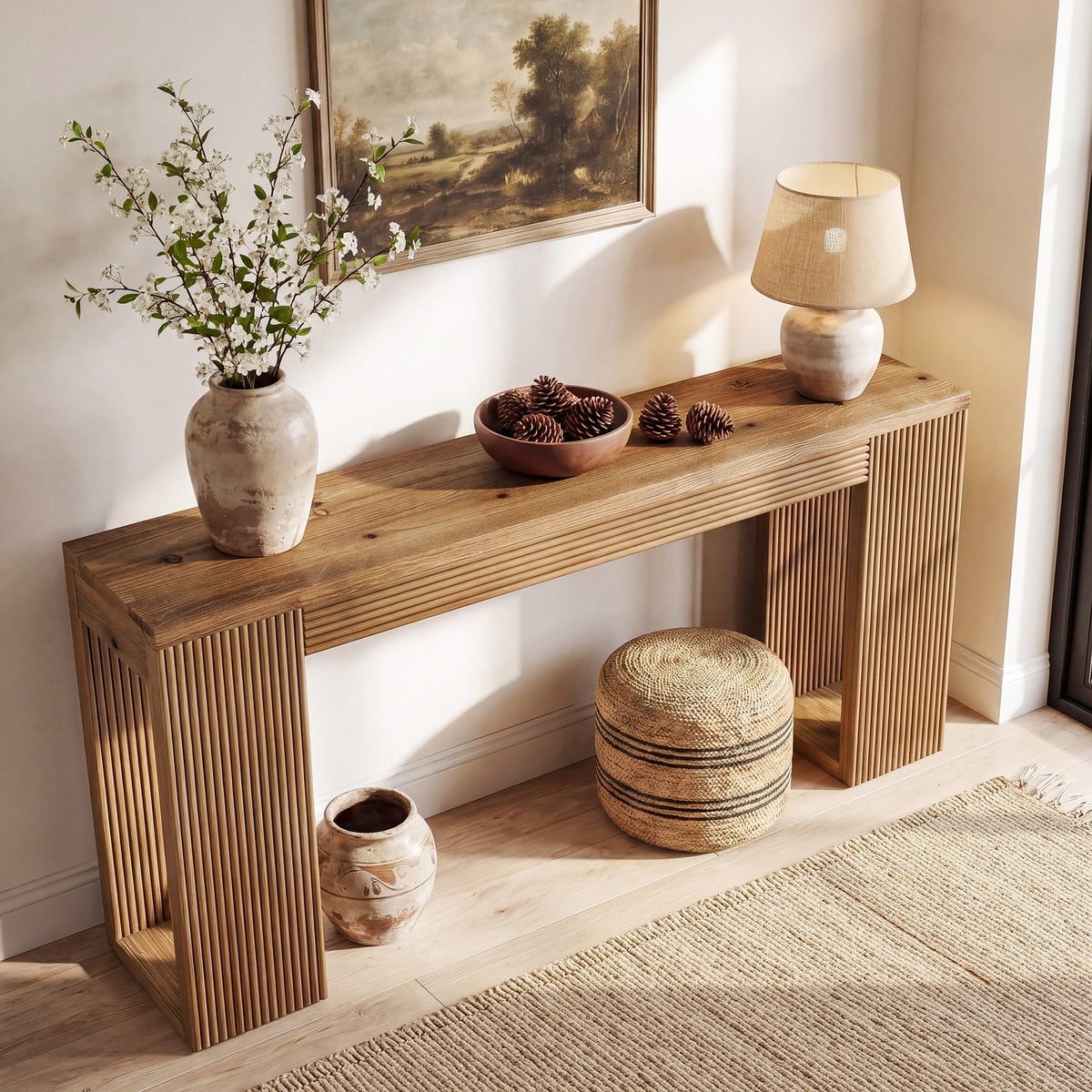 160cm Console Table, Solid Wood Narrow Hallway Table with Ribbed Legs