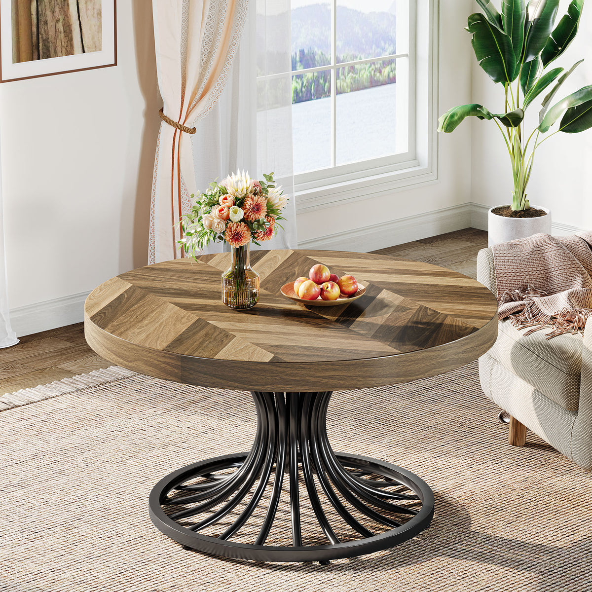 79cm Round Coffee Table, Rustic Wood Top with Metal Base for Living Room