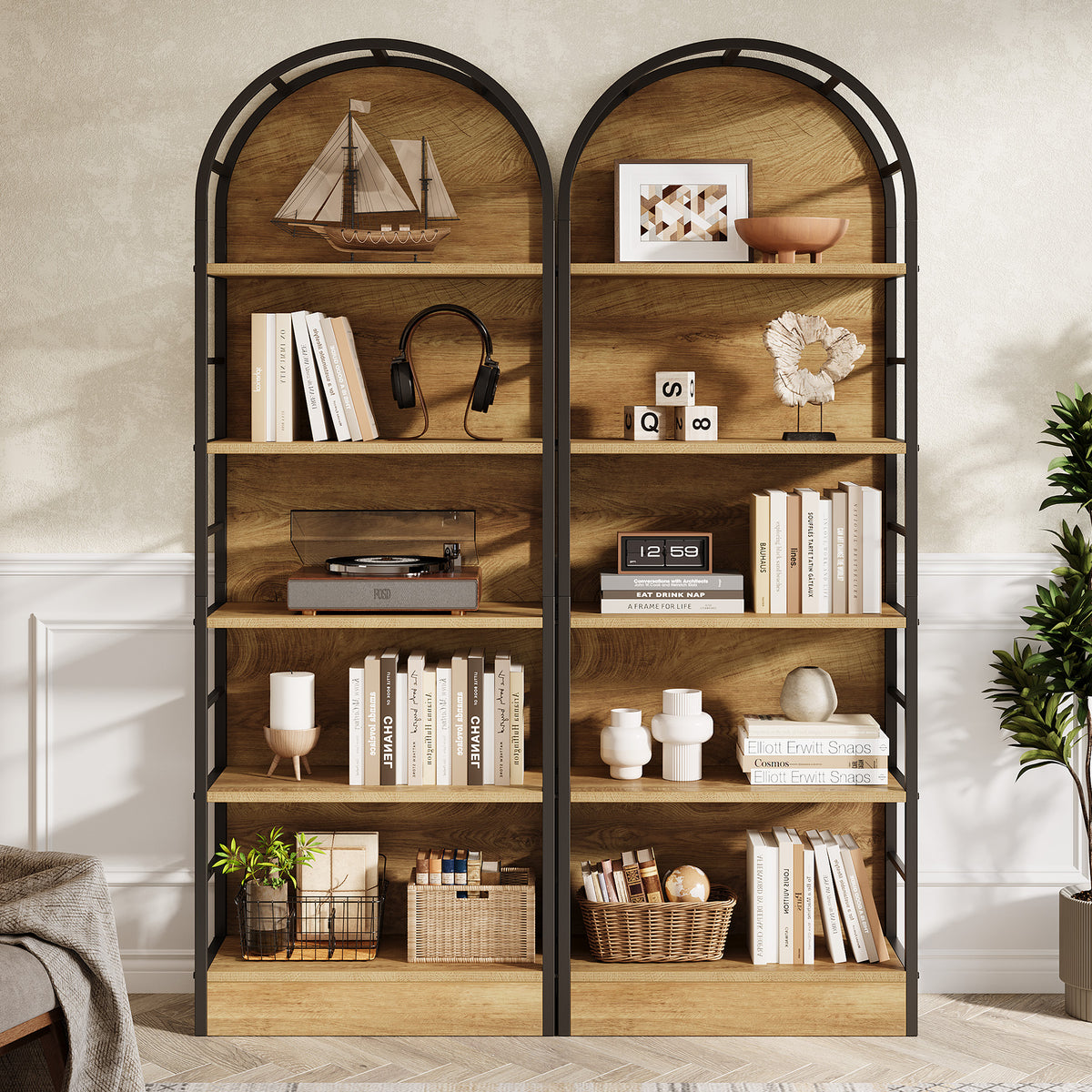 180cm Arched Bookshelf, Tall Wooden Storage Shelf for Living Room