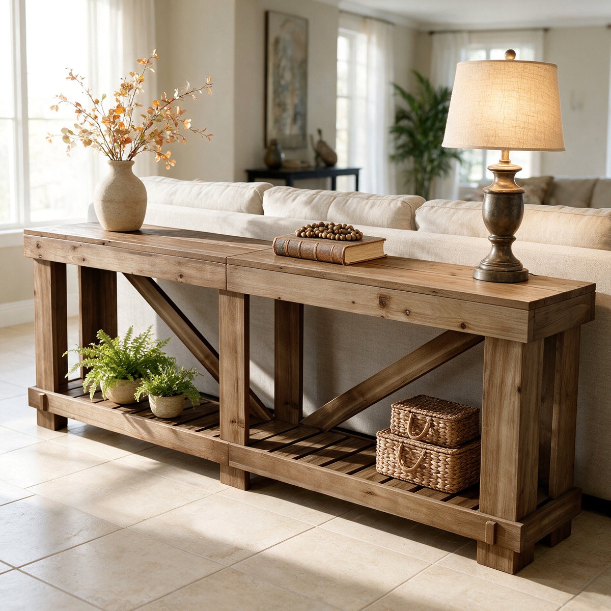 200cm Console Table, Solid Wood Narrow Sofa Table with Open Slatted Shelf for Entryway