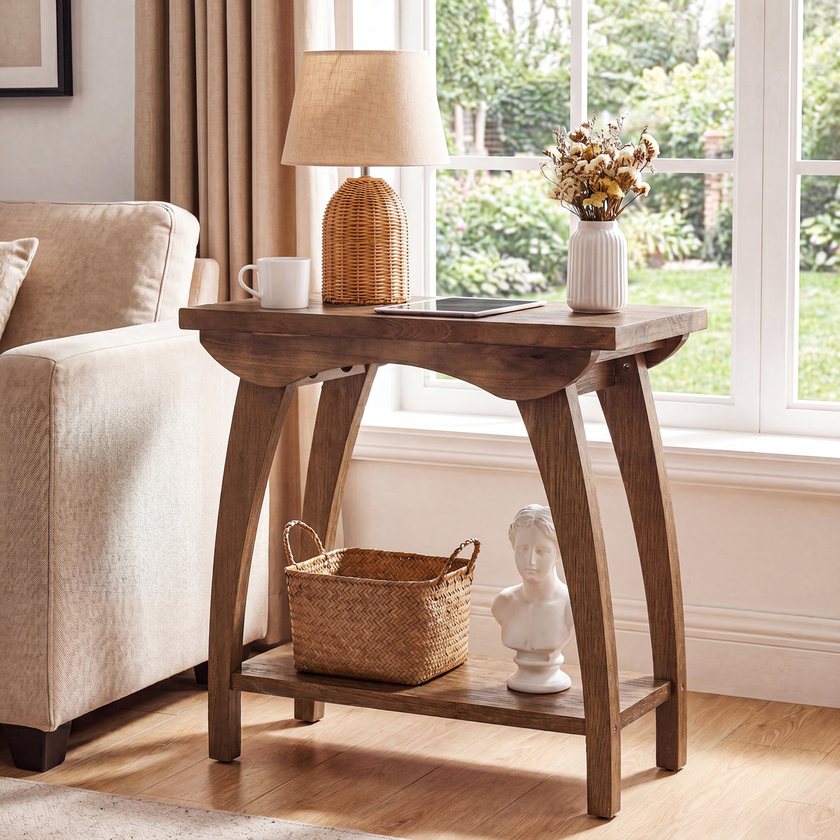 60cm End Table, Farmhouse Solid Wood Side Table with Lower Shelf for Living Room