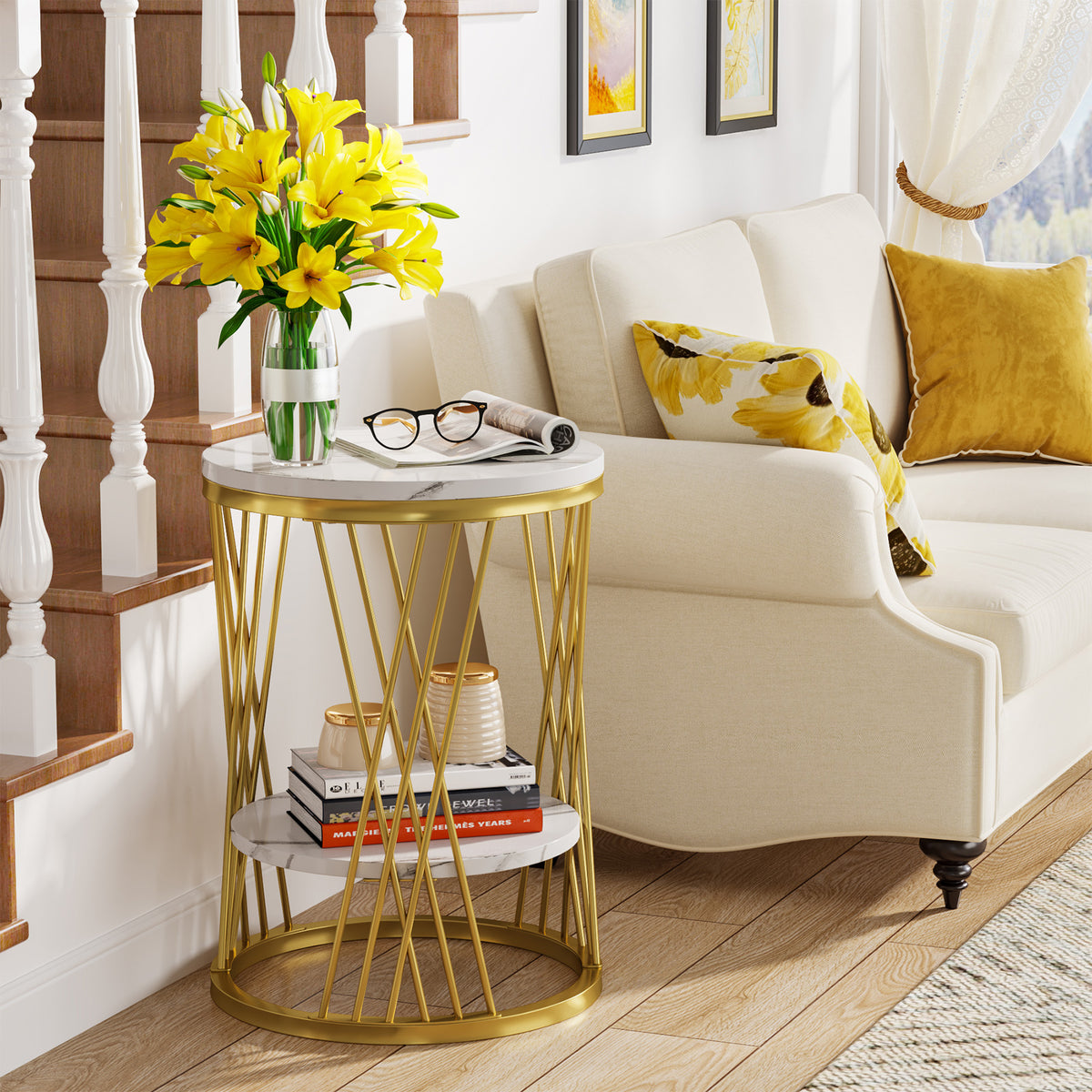 60cm Round End Table, 2-Tier Faux Marble Side Table with Gold Frame