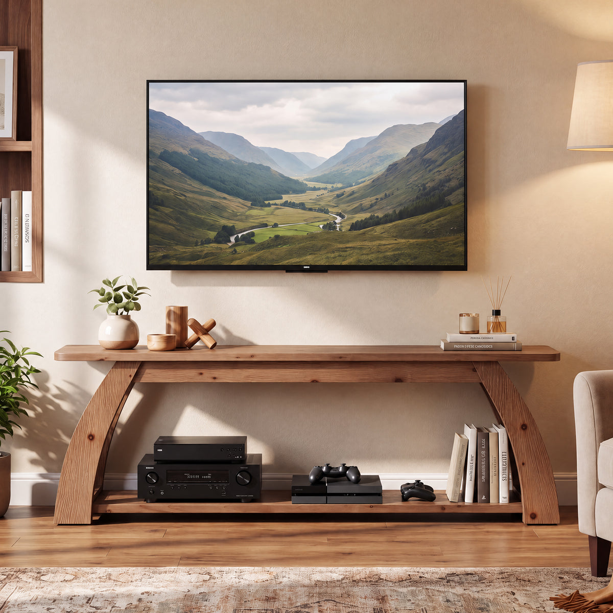160cm TV Stand, 2-Tier Solid Wood Entertainment Centre with Open Storage for up to 75" TVs