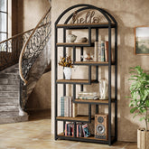 71" Industrial Bookshelf, Arched Bookcase with Open Display Shelves 3