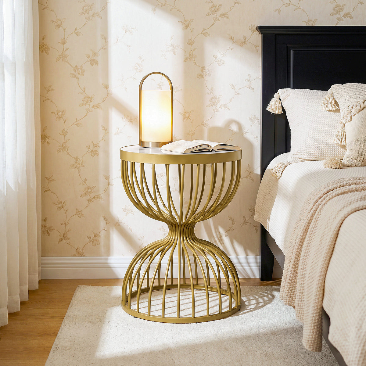 50cm Round End Table, Modern Accent Side Table with Faux Marble Top & Metal Frame