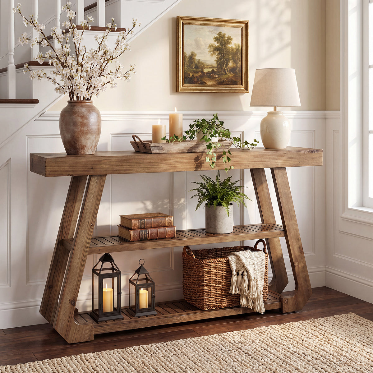 105cm Console Table, Solid Wood 3-Tier Rustic Hallway Table with A-Frame