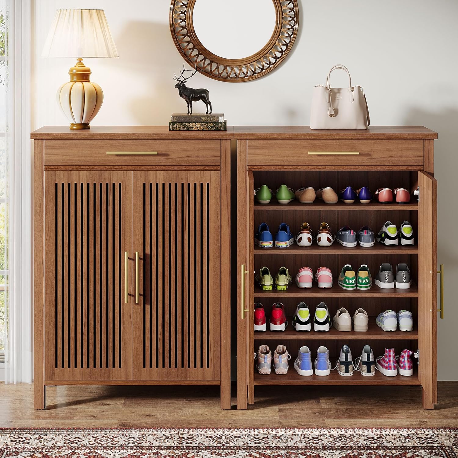 55" 5-Tier Shoe Cabinet, Louvered Door Storage Organizer with Drawer Shelves