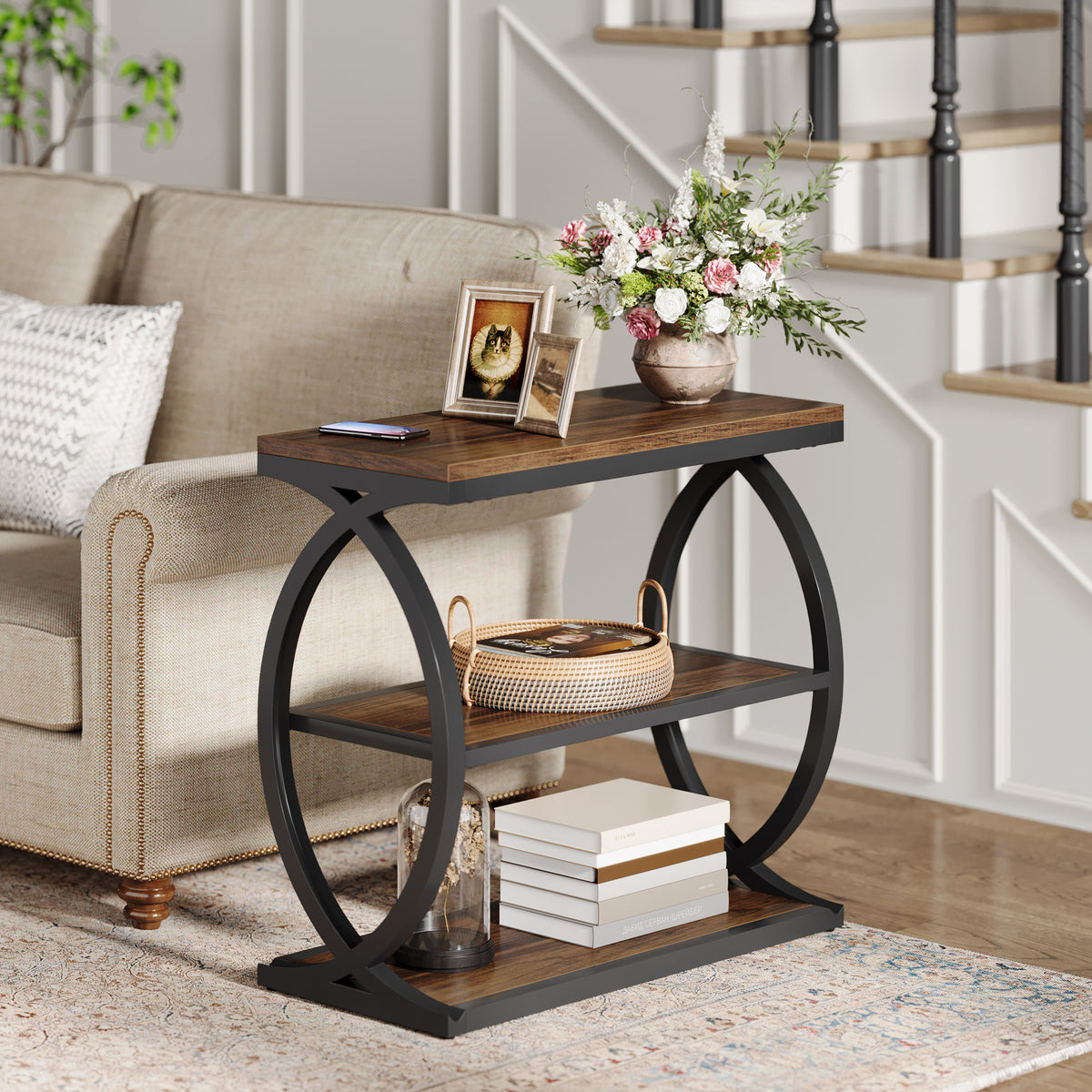 60cm Narrow Side Table, 3-Tier Industrial Wooden Nightstand for Small Spaces