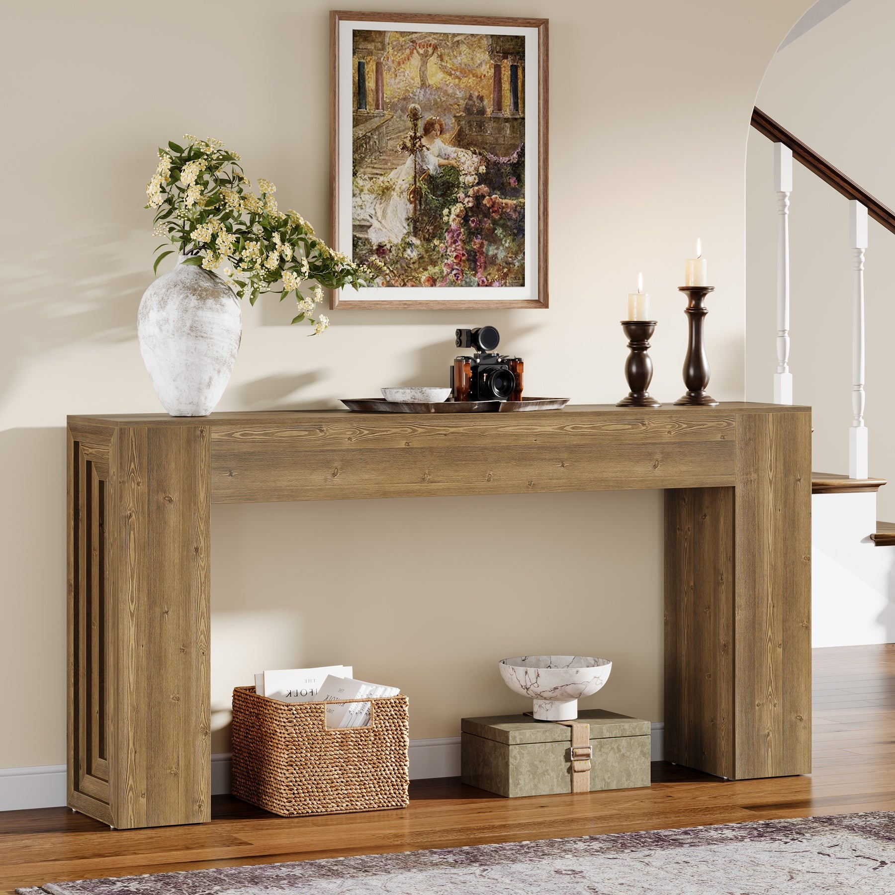 63" Farmhouse Console Table, Narrow Sofa Table with Natural Brown Finish for Entryway