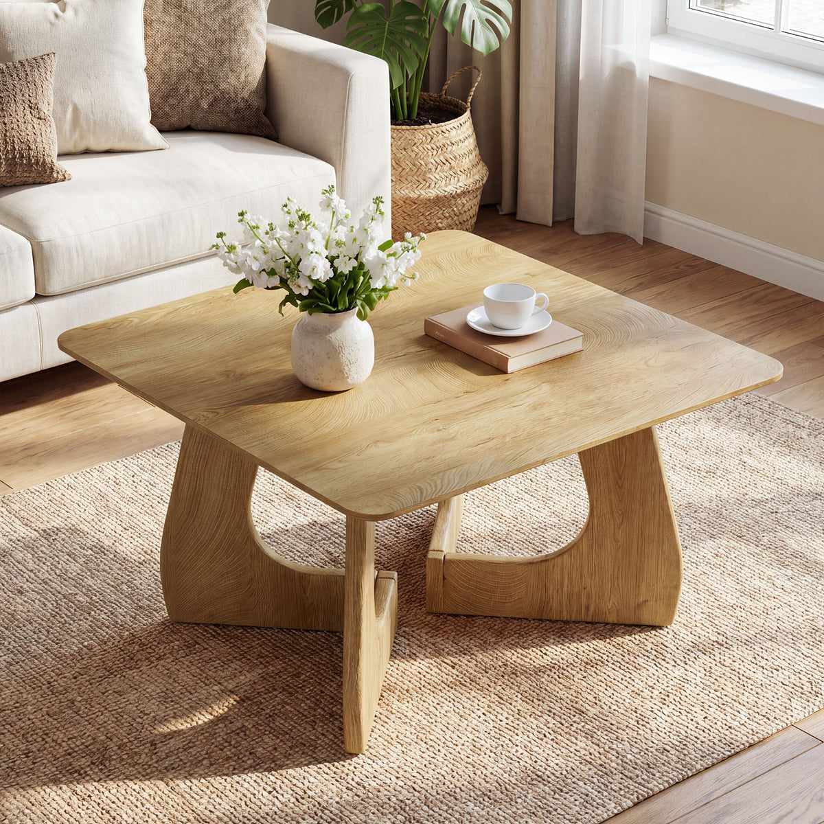 80cm Square Coffee Table, Modern Sculptural Wood Frame for Living Room