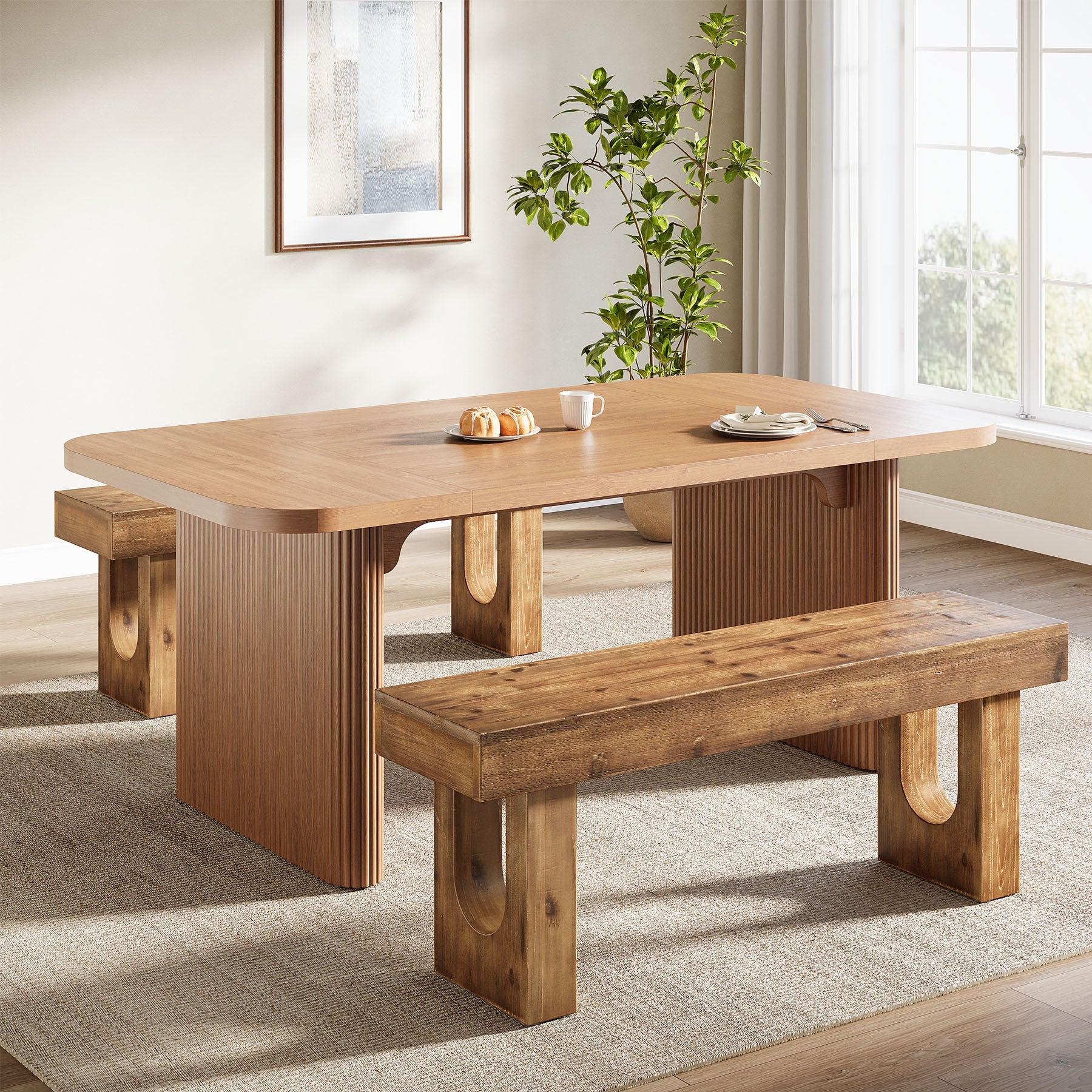 47" Wood Dining Bench, Farmhouse Kitchen Table Bench with Sturdy Legs (Only Bench)