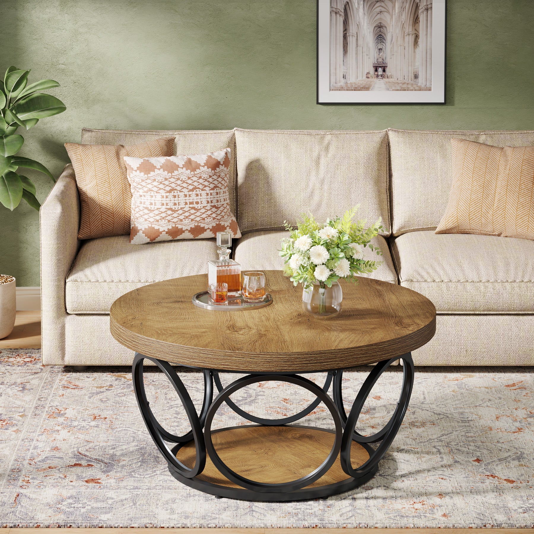 Farmhouse Coffee Table, Round Center Table with 2 Storage Shelves
