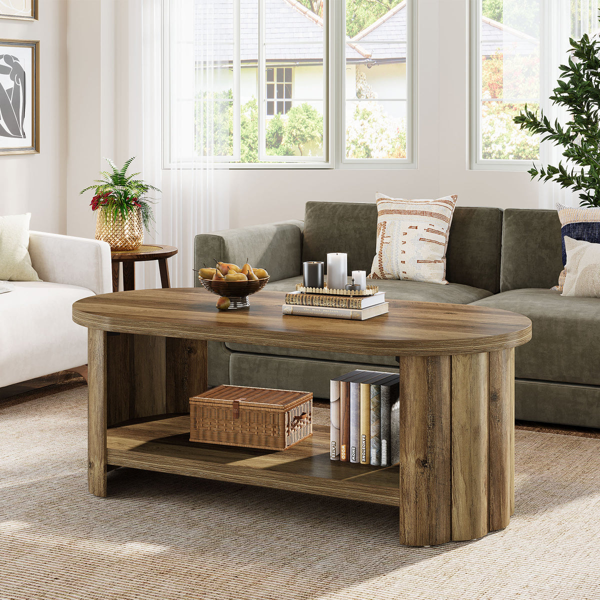 120cm Oval Coffee Table, Storage Shelf for Living Room