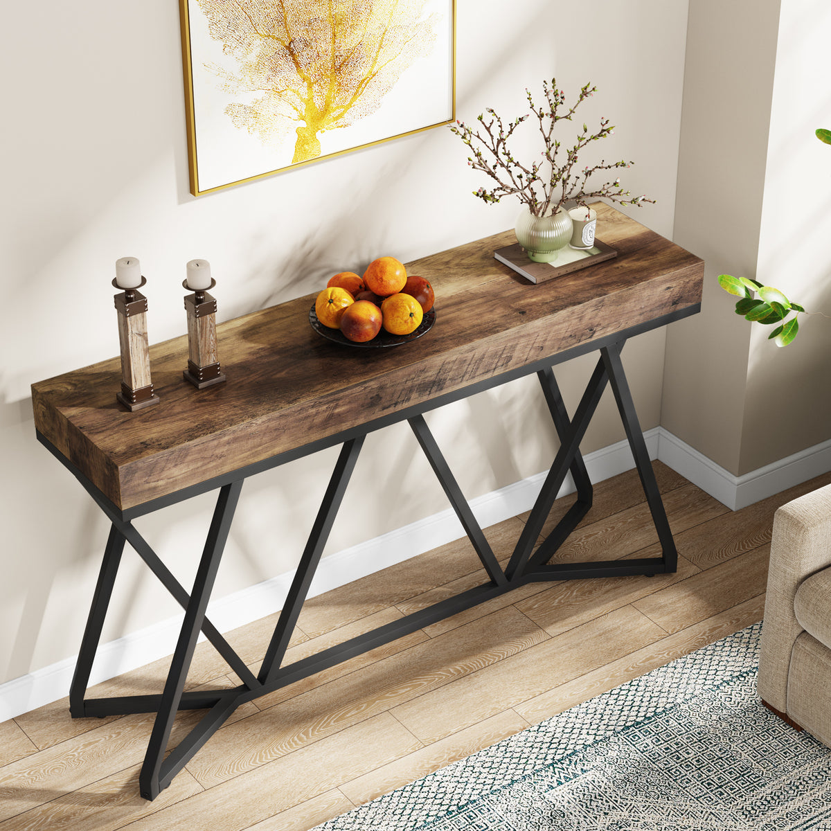 55" Farmhouse Console Table, Sofa Table Wood Entryway Table