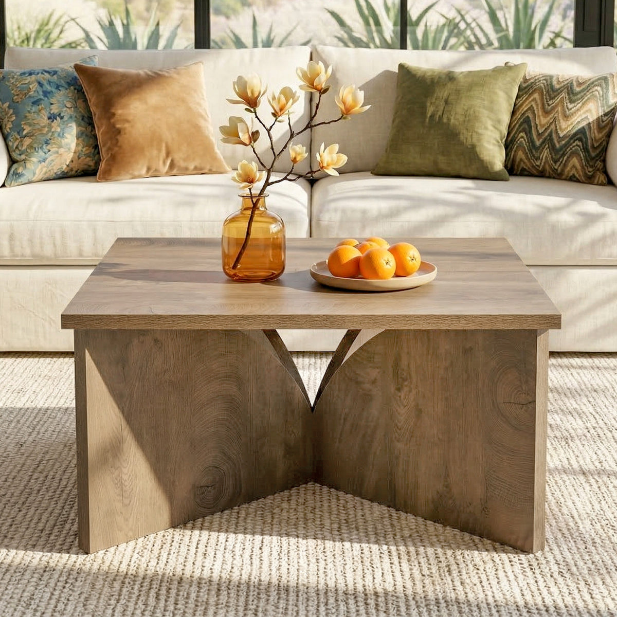 80cm Square Coffee Table, Rustic Wooden Living Room Table with Sturdy Base