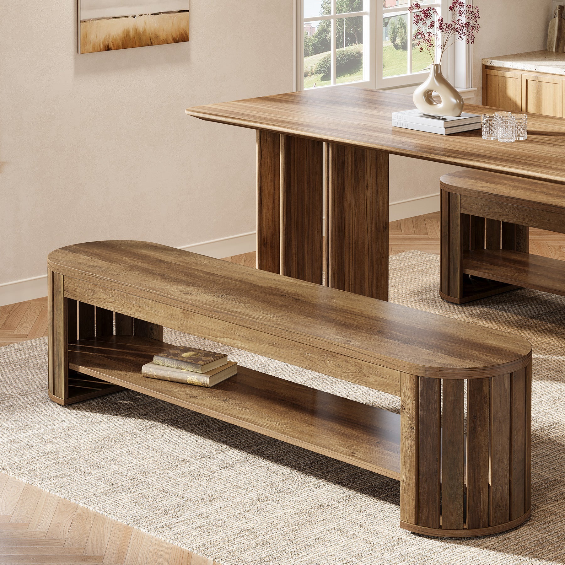 63" Wooden Dining Bench with Arc Slat Legs, Farmhouse Bench for Dining Room